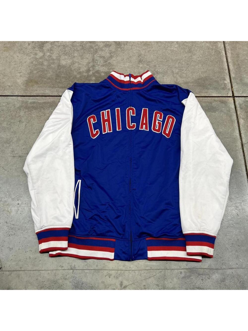 vintage chicago cubs stitches white and blue zip up jacket size large